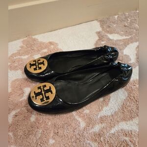 Tory Burch Ballet Flats Shoes Black Patent Leather Gold Hardware Size 7.5